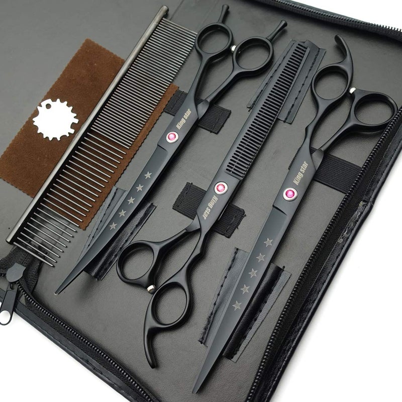 Kingstar 8.0in. Matt Black Professional Pet Grooming Scissors Set,Straight & Thinning & Curved Scissors Set with Comb,Dog Grooming,A559 - Image 2